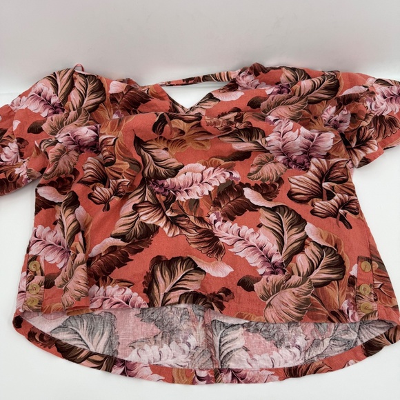 Rockmans Top Women 16 Pink Hawaiian Tropical Linen Blend V Neck Bell Sleeves - Picture 7 of 12